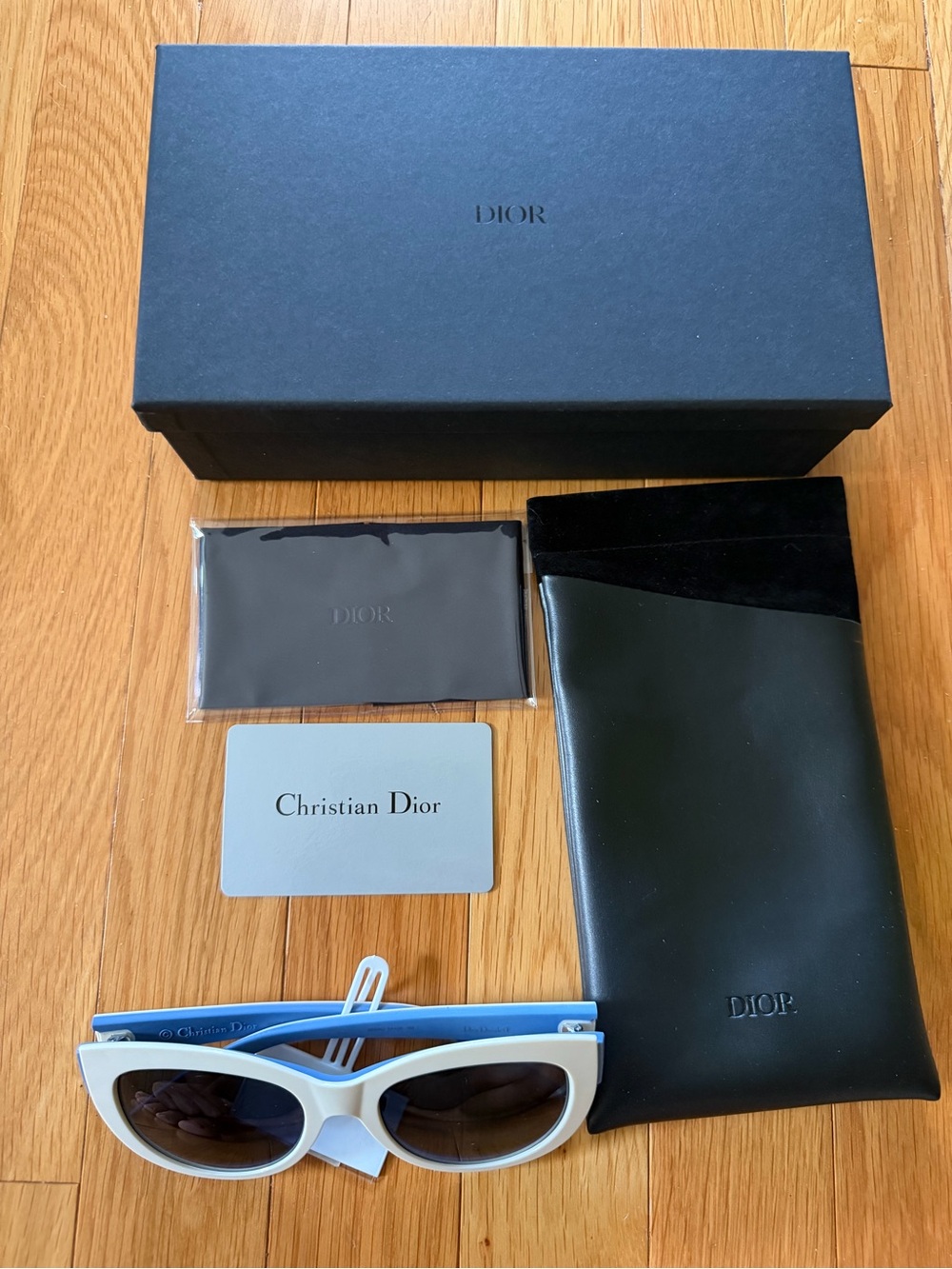 Dior White and Light Blue Sunglasses w/Case, Box, Dust Cloth NWT